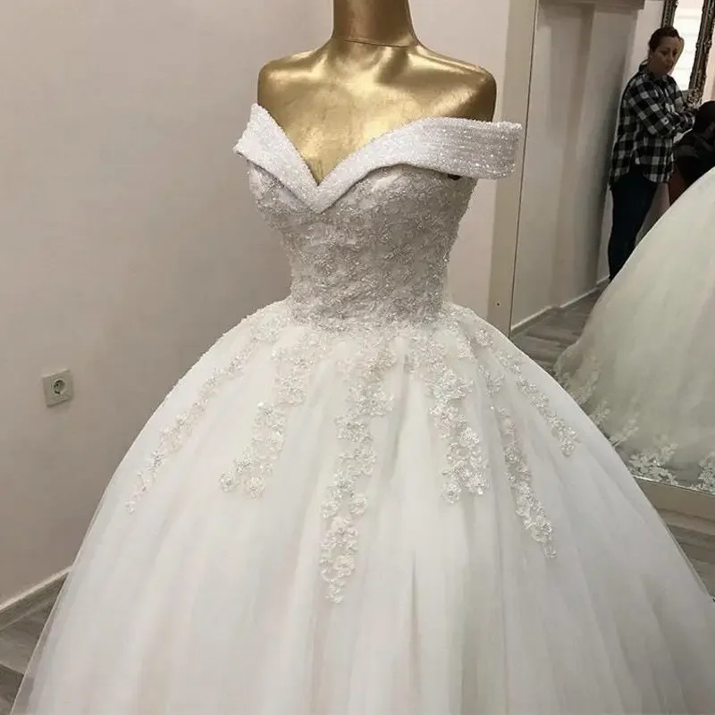 Vestido De novia con apliques De encaje y hombros descubiertos, cuentas personalizadas, Vestido De boda con corsé hinchado en la espalda