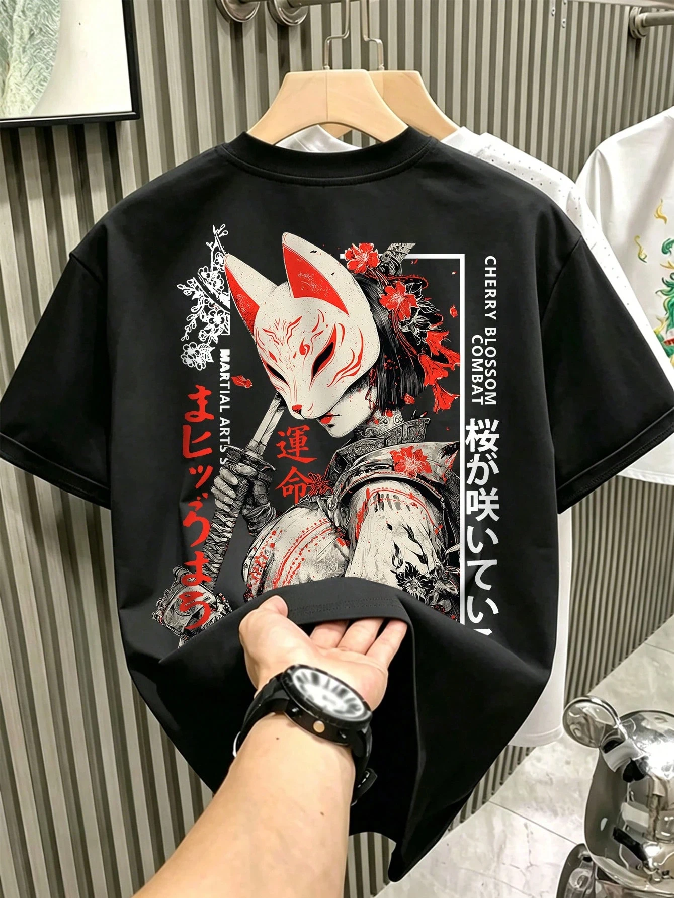 2026 New Family Matching T‑Shirt Vintage Japan Fox Mask Female Samurai Sakura Kanji Text Graphic Loose Cotton Tee Casual Tops