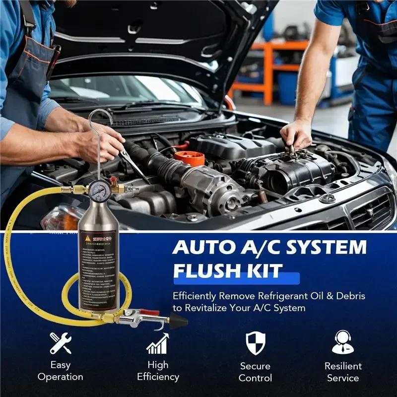 Car Air Conditioning Pipe Flush Kit with 1/4 Inch Hose Adapter Steel Canister Bottle Cleaning Tool for Auto Repair