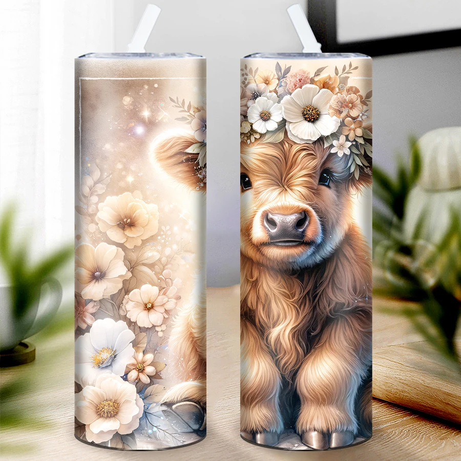 1Pc Festive Print 3D Highland Cow & Flowers Tumblers 20oz Stainless Skinny Straight Water Bottle Insulated Party Drink Bottle