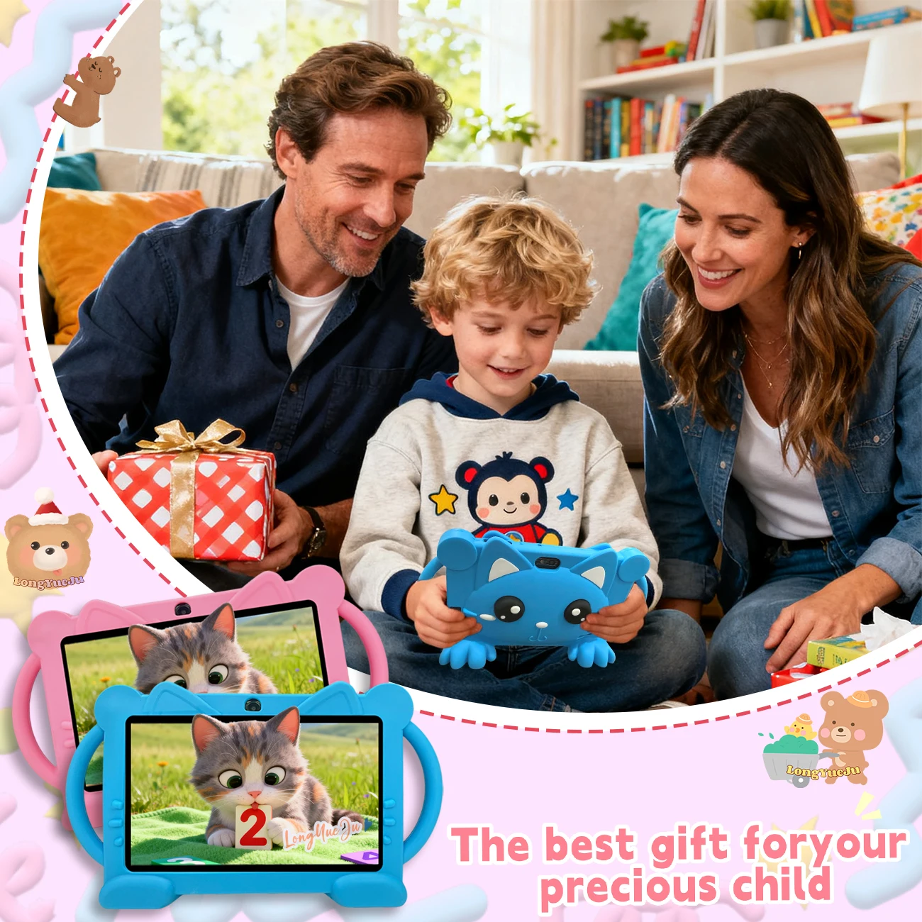 7-Inch Educational Android Tablet, 2GB+32GB, HD Screen, iWAWA Software, Parental Control, Silicone Case, Gift, Blue/Pink