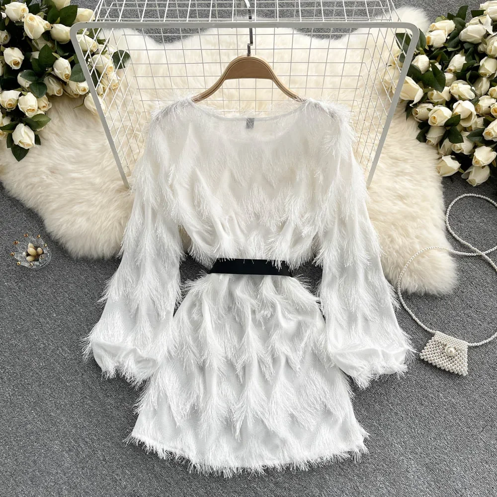 Elegant Long Sleeve Vintage O-neck Chic Hairy Tassel Slim Sashes A-ine Short Dresses French Evening High Street Autumn Clothing