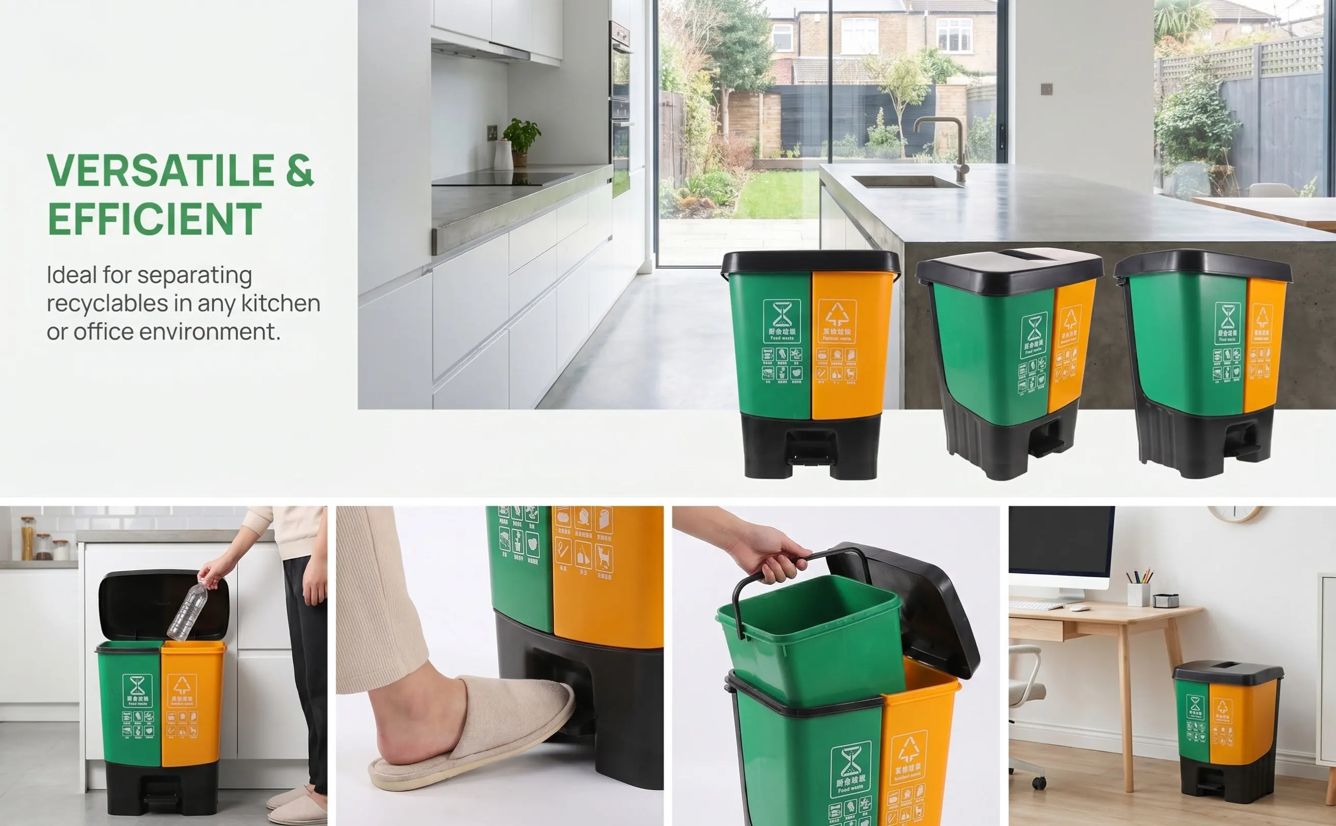 Dual Compartment Dry Wet Separation Garbage Bin Pedal Operated Airtight Lid Large Capacity Rubbish Box for Kitchen Bathroom 16L