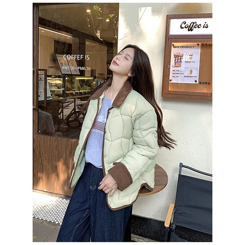 Down Jacket Women Coat Fashion Streetwear Corduroy Collar Cotton-padded Jacket Feather Female Winter Short Outwear Warm Jacket