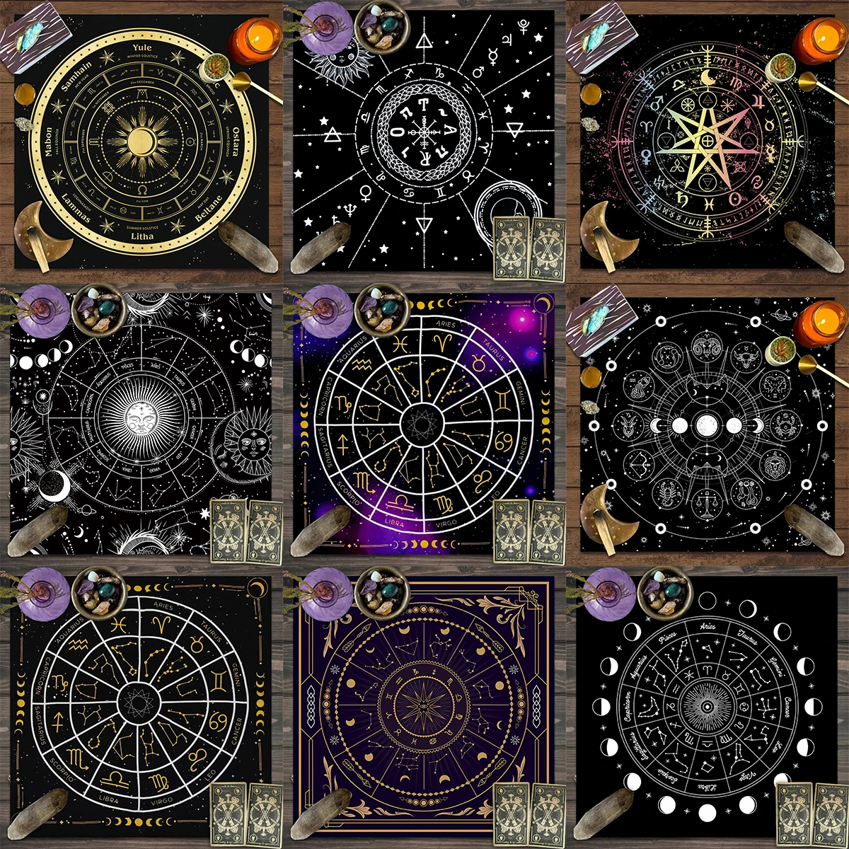 1pc Tarot card tablecloth for the twelve zodiac signs, altar tablecloth for stars, moon phases, astrology, magic, and witchcraft
