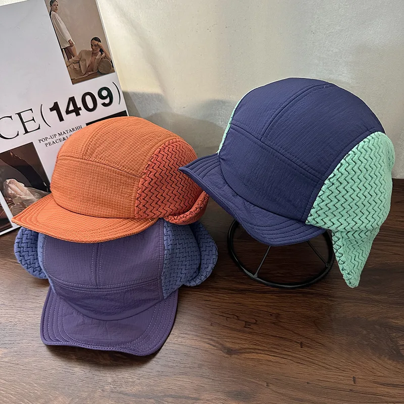 Japanese Color-blocked Women Baseball Cap Autumn and Winter Quick-drying Ear Protection Warm Outdoor Skiing Bomber Hats for Men