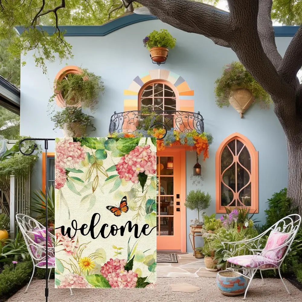 Welcome Spring Summer Garden Flag 12x18 Inch Double Sided Small Burlap Watercolor Pink Hydrangea Butterfly Floral Outdoor De YYQ