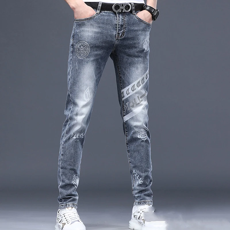 Men Fleece Jeans for Winter New Plush Thickened Denim Pants Slim Fit Straight Printed Skinny Warm Work Casual Hip Hop Long Pants