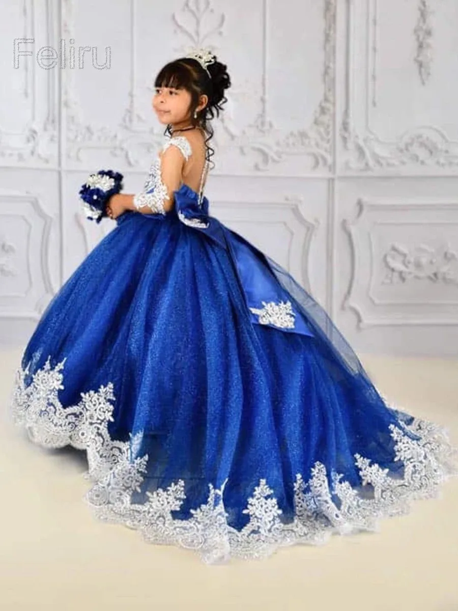 Shiny Tulle Lace Applique Flower Girl Dress Exquisite Party Kids Birthday Bow Princess FLoor Length Dresses