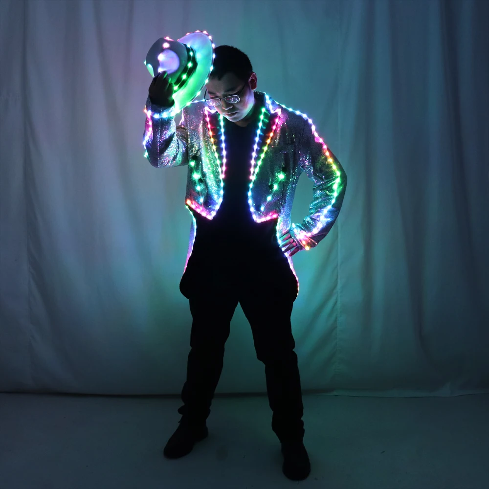 Fashion Swallowtail LED Tuxedo Luminous Costumes Glowing vestidos LED Clothing Show Men LED Clothes Dance Accessories