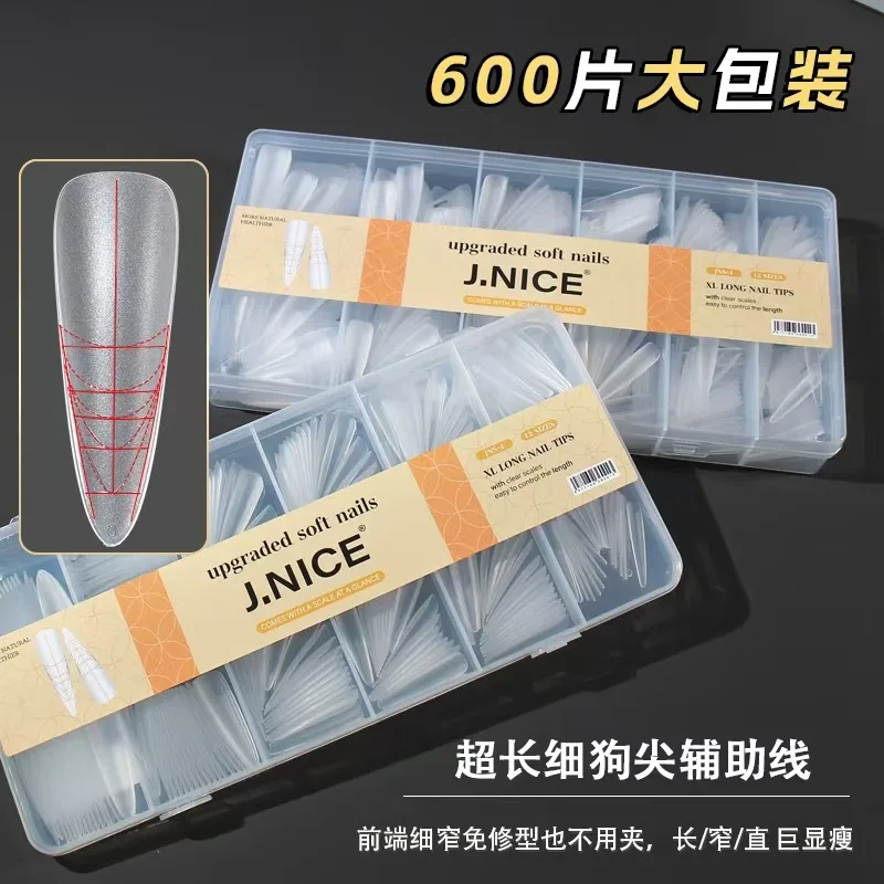 600Pcs Clear No Mark Frosted Stiletto/Almond/Square Fake Nails American Capsule Gel X Coffin Fake Manicure Tip Extension System