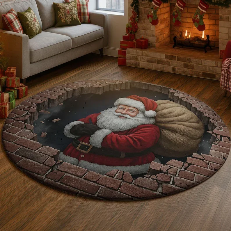 Christmas Santa 3D Round Rug Printed Illusion Carpet Holiday Decoration Xmas Tree Living Room Santa Xmas Decor Xmas Holiday Rug
