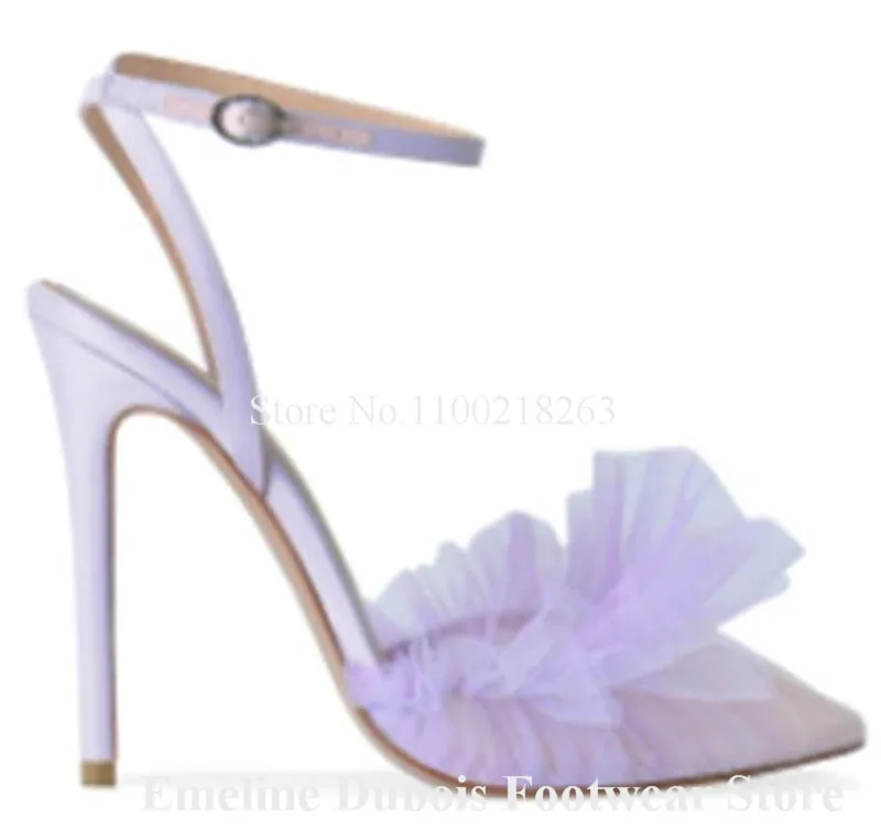 Newest Mesh Ruffles Pumps Emeline Dubois Pointed Toe Pink Purple BlueLace Fringes Stiletto Heel Dress Shoes Wedding Heels