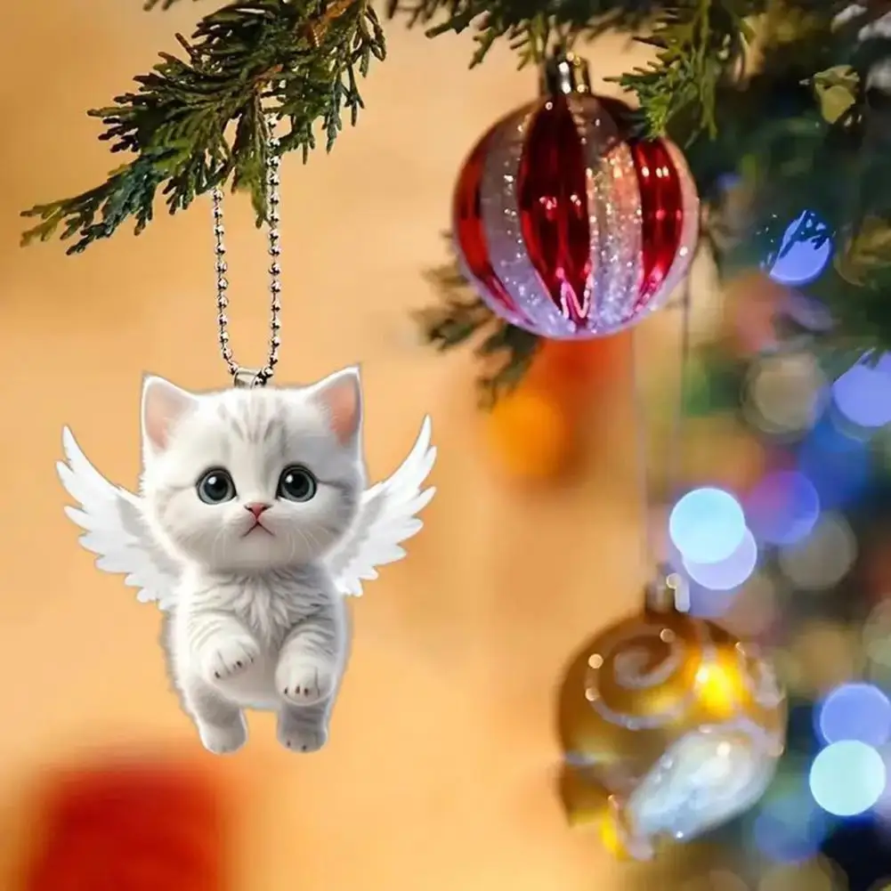 Angel Cat Pendant Rearview Mirror Ornament Car Decoration Cute White Kitten Pendant with Lanyard Whimsical Charm