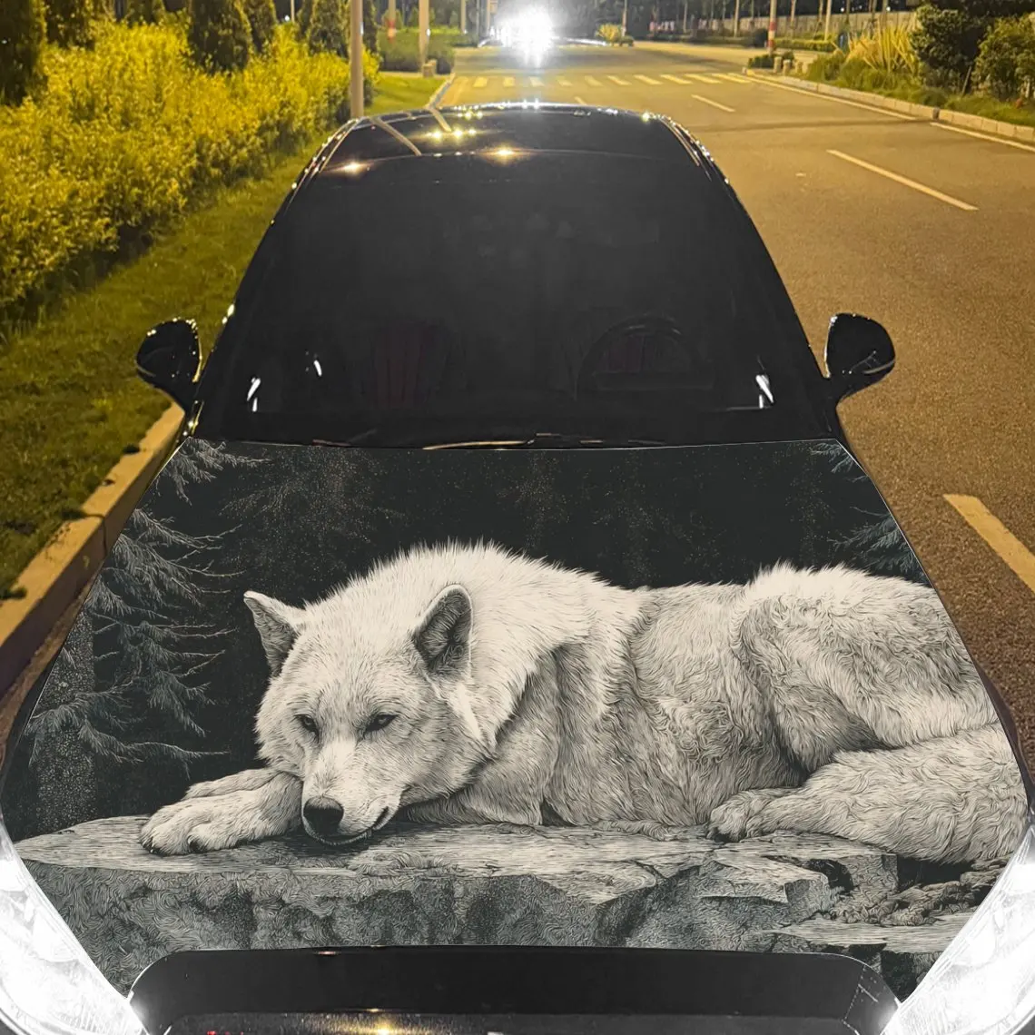 

Car Decal White Wolf with Realistic Textured Motif in Artistic Wildlife-Intense Style - Bold Natural Fantasy Aesthetic Car Hood