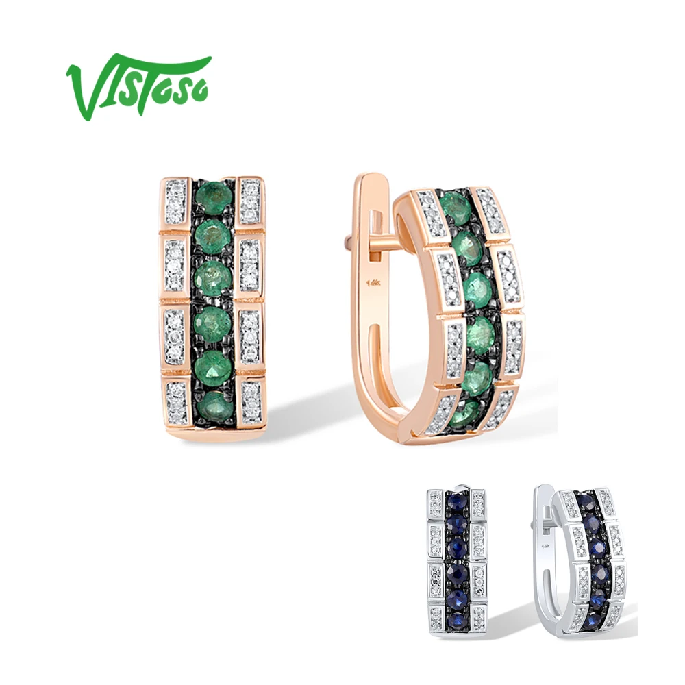 VISTOSO 14K 585 Rose White Gold Earrings For Women Sparkling Genuine Diamonds Emerald Sapphire Simple Hoop Linear Fine Jewelry