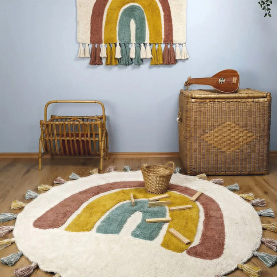 Alfombrillas de juegos para gimnasios de bebé, decoración de bordes con borlas de arcoíris, alfombrilla para gatear, cojín para recién nacido