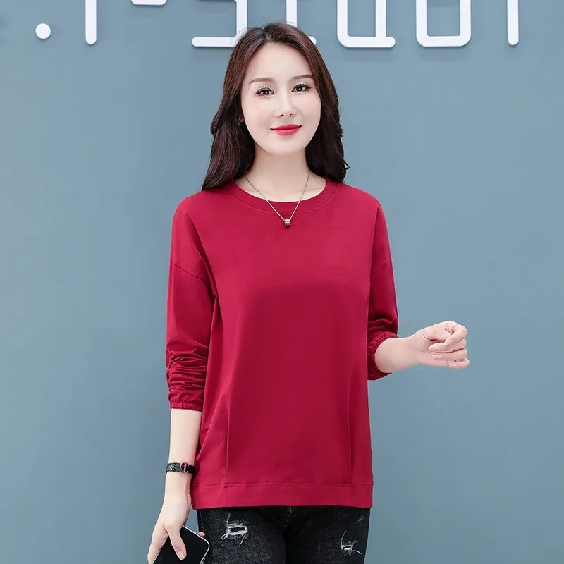 New Women'S Fashion Elastic Long Sleeve Top Spring Autumn Round Neck Solid Color Casual Middle Aged Mom Loose Shoulder T-Shirt