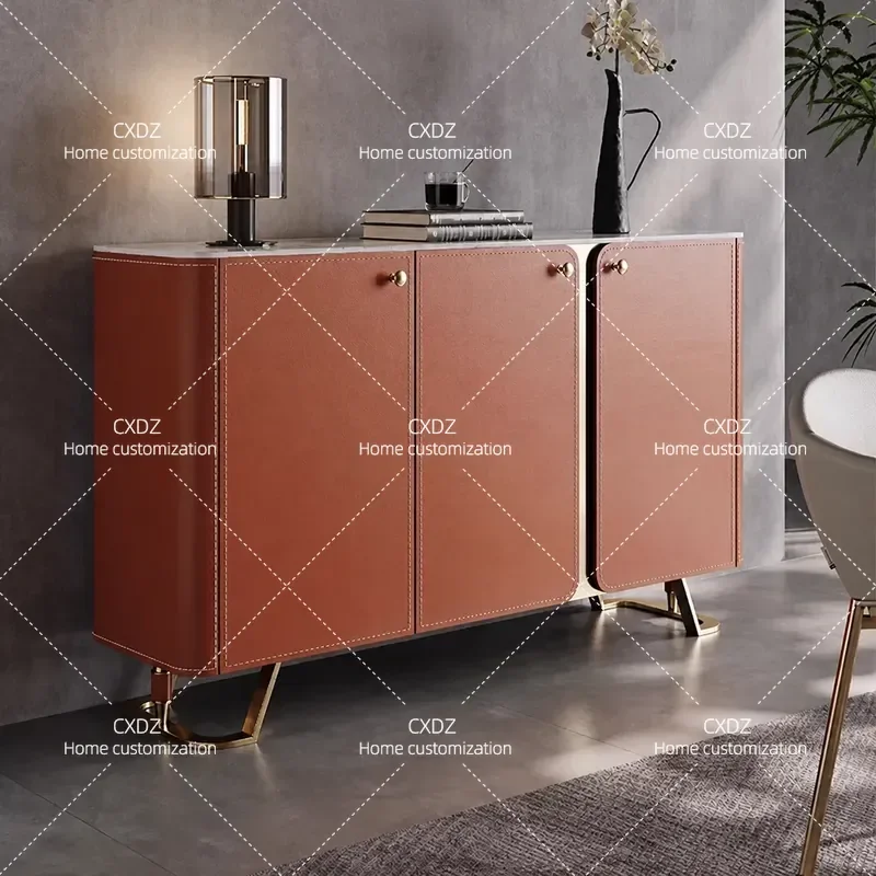 Modern Light Luxury Dining Side Cabinet Saddle Leather Rock Slab Bedroom Locker Living Room Wall Mounted Integrated Entrance