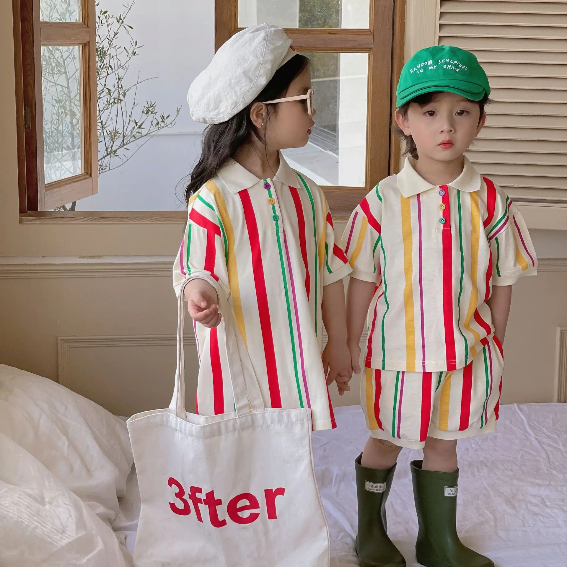 Brother Sister Clothes Set Summer Striped Kids Boys Polo Shirts+loose Shorts Outfit Contrast Short Sleeve Children Girls Dresses