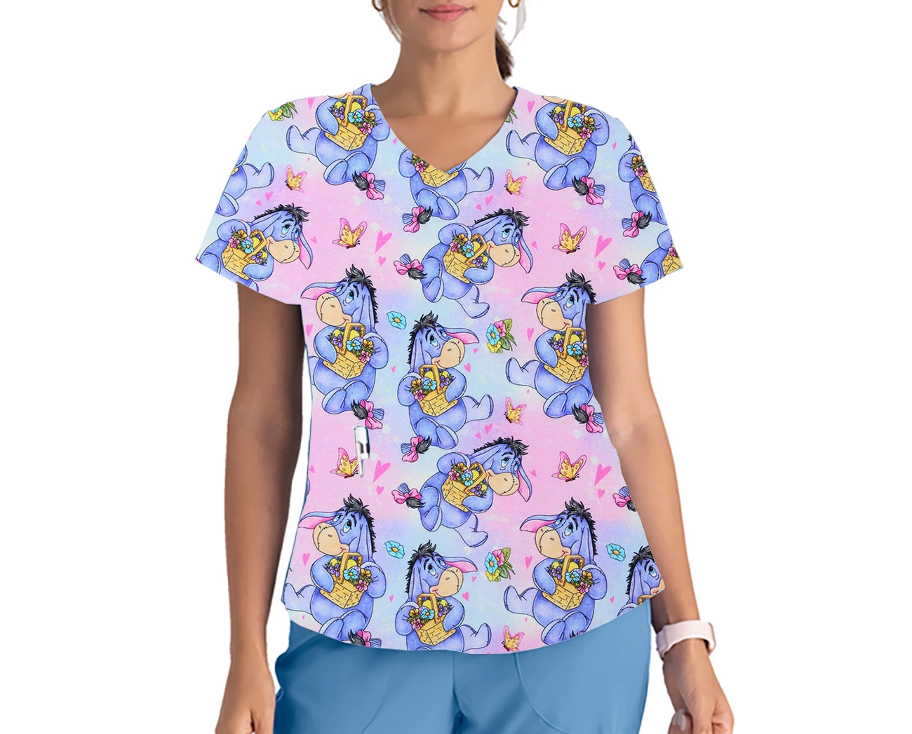 Hospital staff summer short-sleeved nurse uniform women's Disney print casual V-neck nursing staff work clothes medical uniform