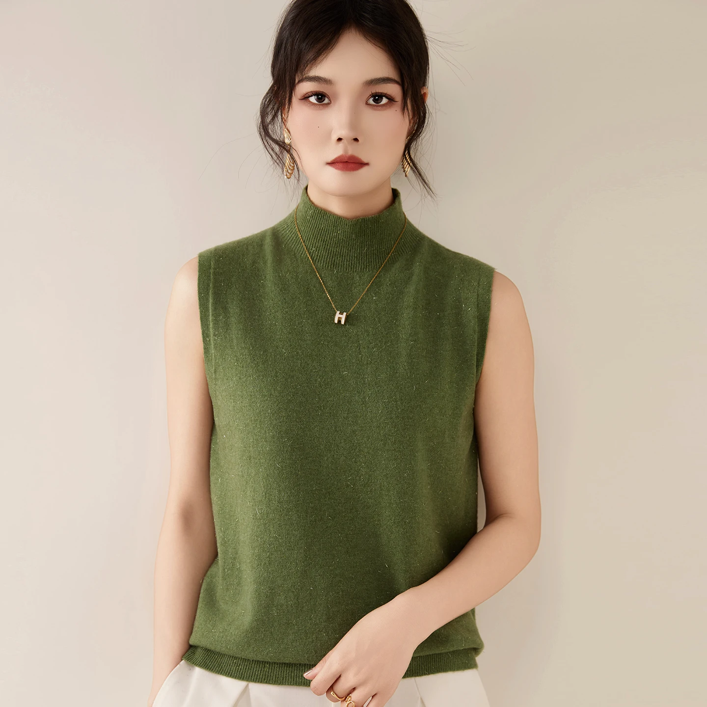 

Women's Sleeveless Tank Half High Collar Basic Solid Skin Friendly Wool Top Four Seasons Close Fitting Soft Lightweight Camisole