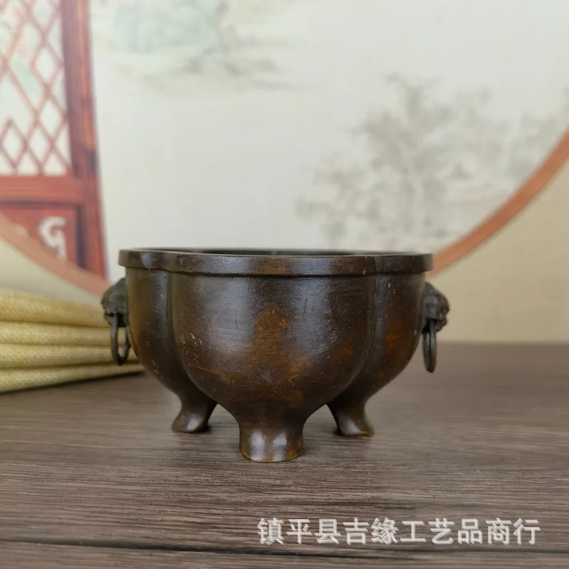 Double Ring Begonia Stove Antique Incense Burner Collection Three-Legged Lion Ear Band Ring Incense Burner Copper Crafts Domesti