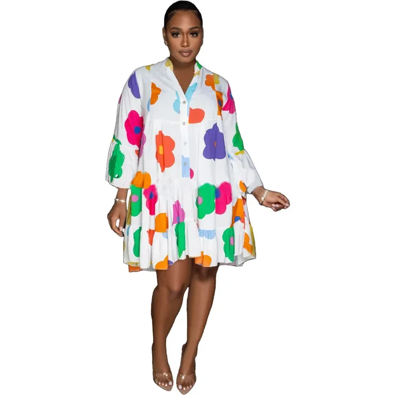 

2024 New Fashion Women's Dress with A Floral Print Summer Vestidos Streetwear Black Long Sleeve Casual Vestido Midi Green Loose