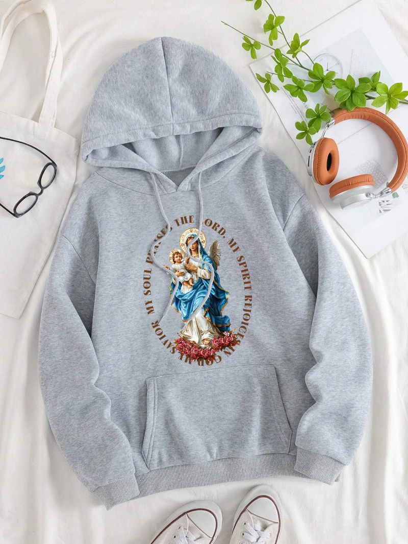 The Virgin Mary Hoodies Womens Religious Belief Printing Hooded Loose Fleece Warm Pocket Sweatshirt Sporty White Womans Clothing