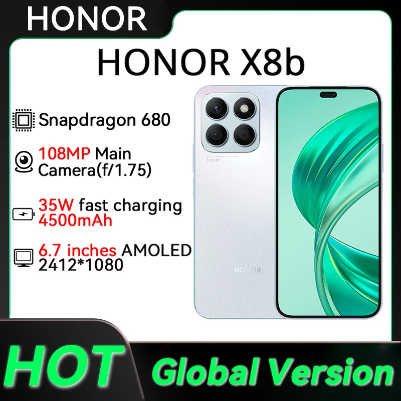 2024 HONOR X8b Global Version  Smartphone Snapdragon 680 8GB RAM 512GB ROM 6.7 inches 90Hz Refresh Rate Display 4500mAh