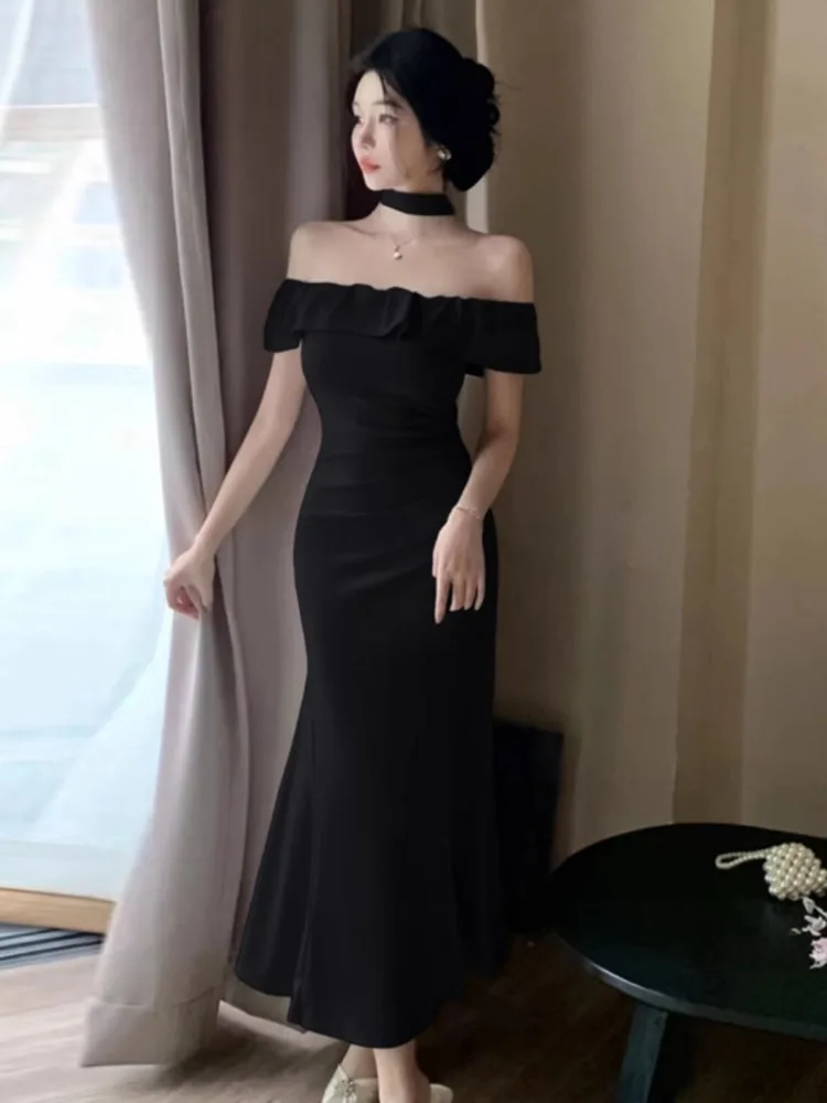 Topenomi Luxury Ruffle Strapless Fishtail Long Evening Dress Women French Sexy High Waist Slim Banquet Cocktail Party Dresses