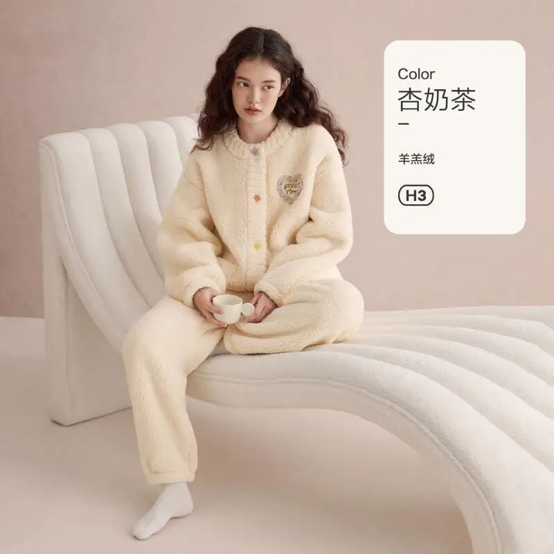 

Women's Homewear Loungewear Autumn Winter Girl Student Pajamas Sweet Cute Warm Long Sleeved Thickened Coral Fleece Outerwear