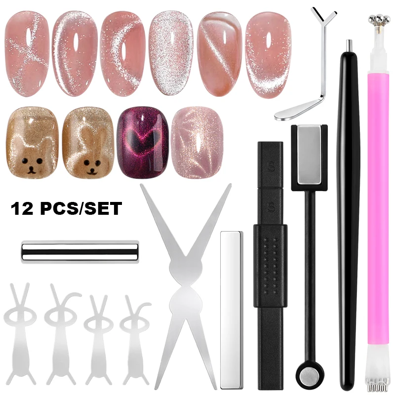 12 stücke Cat Eye Nail art Magnet Set Liebe Herz Bär Kaninchen Französisch Maniküre Hilfs Werkzeug Nette Blume Swirl Designs magnetische Stift