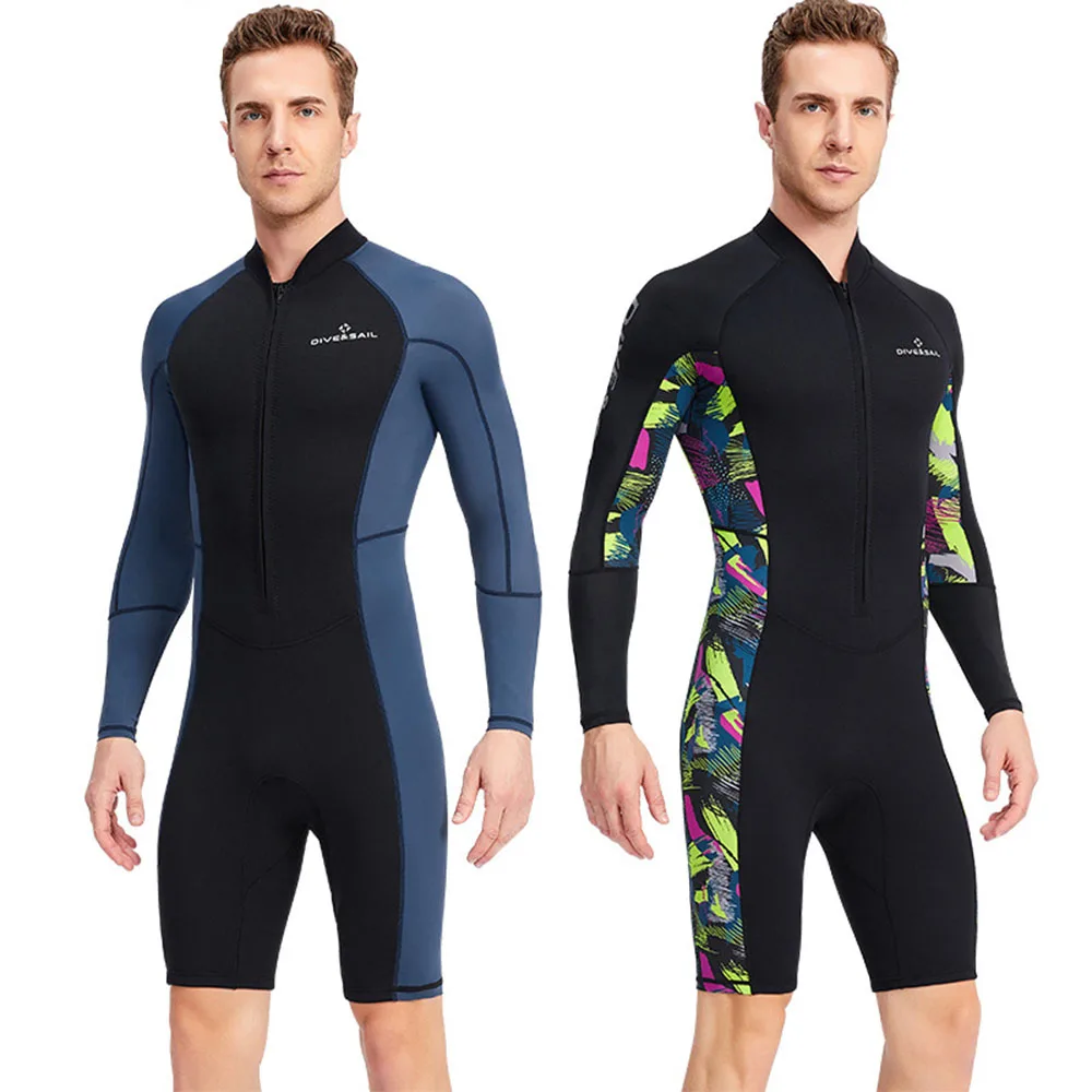 1.5mm Neoprene Short Men Wetsuit UV-proof Front Zip Long Sleeves Diving Suit for Underwater Snorkeling Swimming Surfing