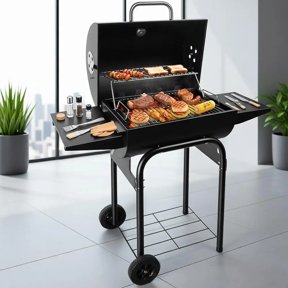 Barrel Barbecue Holzkohlegrill: Hochwertiger, geräumiger Outdoor-Grill mit Beistelltisch – ideal zum Kochen in der Terrasse, Camping-Picknicks