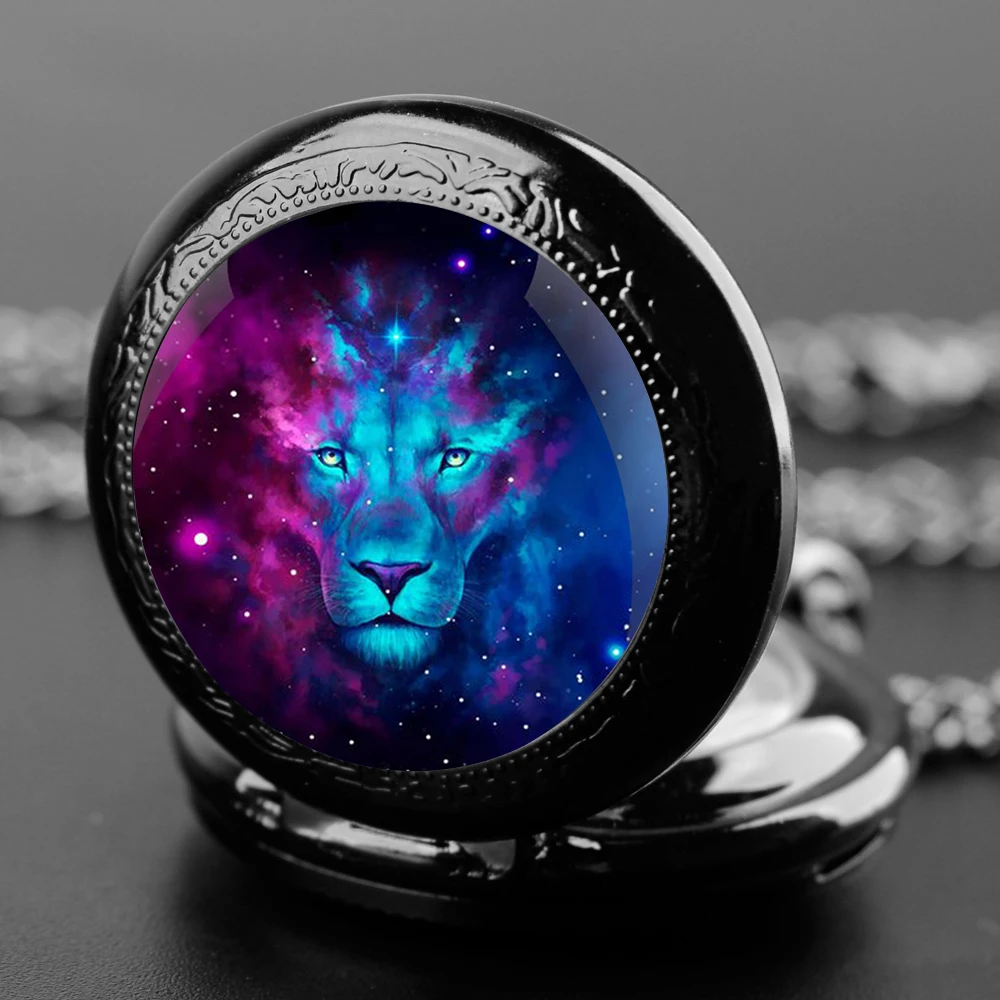 The Colorful Leo Zodiac Sign, Leo Pocket Watch Women Men Children Quartz Necklace Pendant World Time Display Electronic Movement