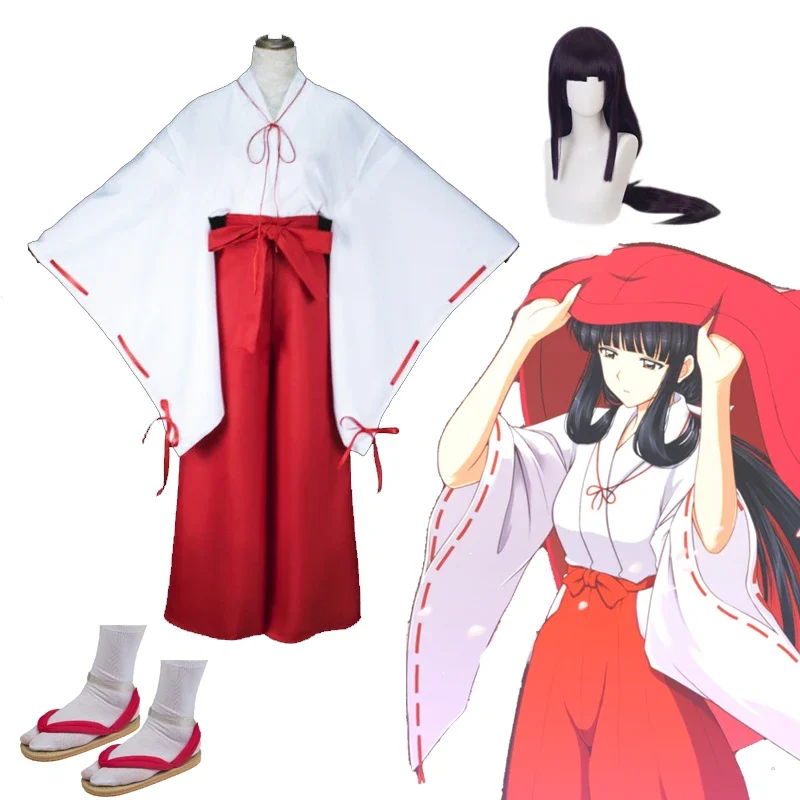 Inuyasha Kikyo Cosplay Costume Women Red Kimono Anime Kikyou Halloween Carnival Cos Suit Wig Straw Sandals Full Props Clothing