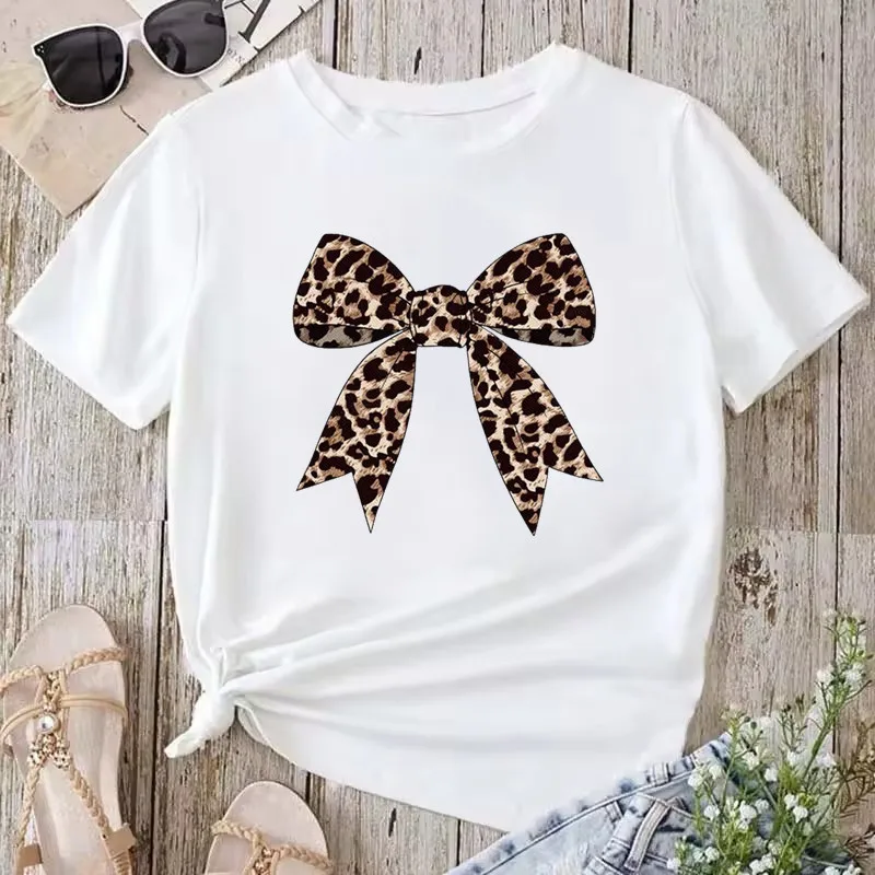 أزياء المرأة تي شيرت Y2k ليوبارد طباعة القوس قمم الصيف قصيرة الأكمام الجرافيك تي شيرت الملابس النسائية