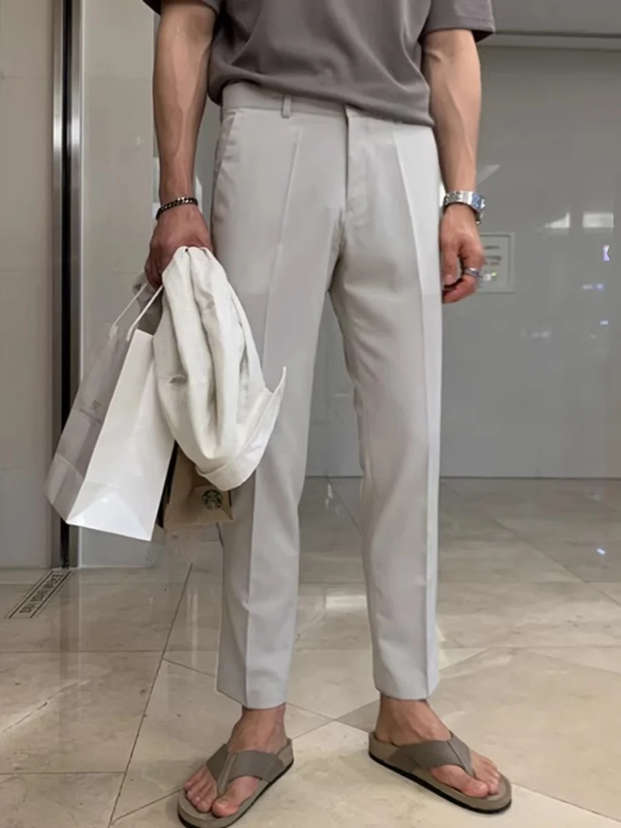 Gray Slim Straight Leg Men's Pants Casual Versatile Summer Thin Style Korean Fashion Nine Points Summer Lightweight Men's Tro...