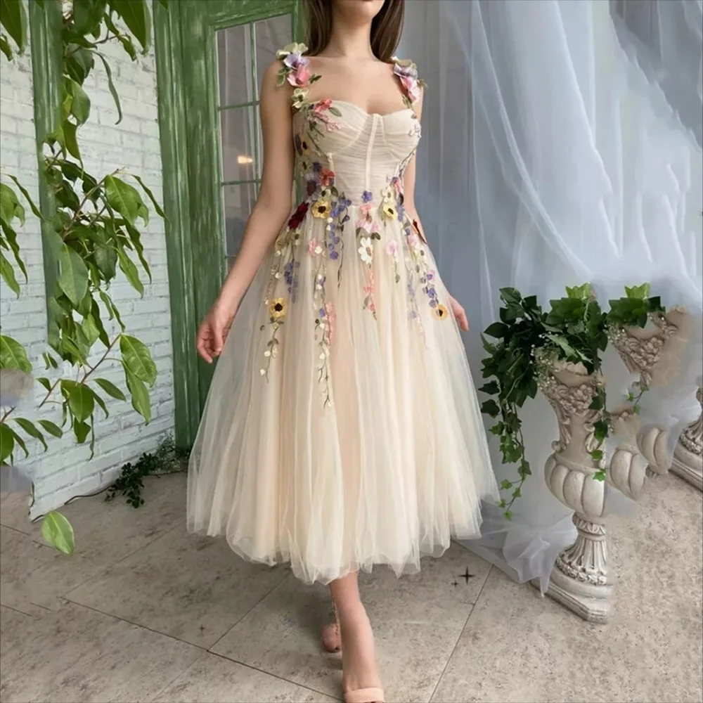 

Elegant Spaghetti Straps Floral Applique Tulle A-line Prom Party Club Dress Backless Tea-Length Prom Cocktail vestidos de festa