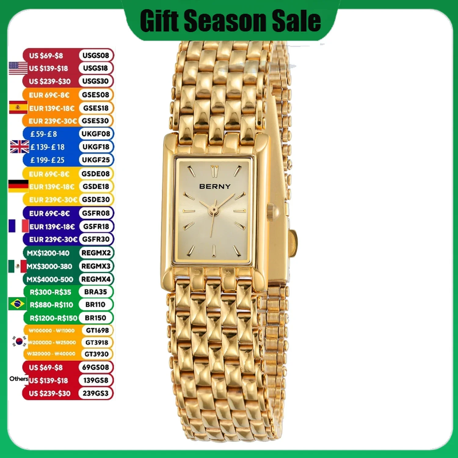 BERNY Gold Watch for Women Square Ladies Quartz Wristwatches Stainless Steel Women Small Gold Watch Luxury Casual Fashion Watch