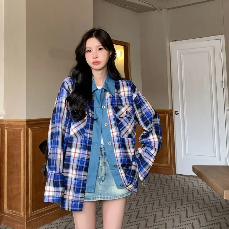 

Retro American Plaid Splicing Women's Casual Loose Long Sleeve Shirt Spring Autumn High Street Hiphop Style Outerwear