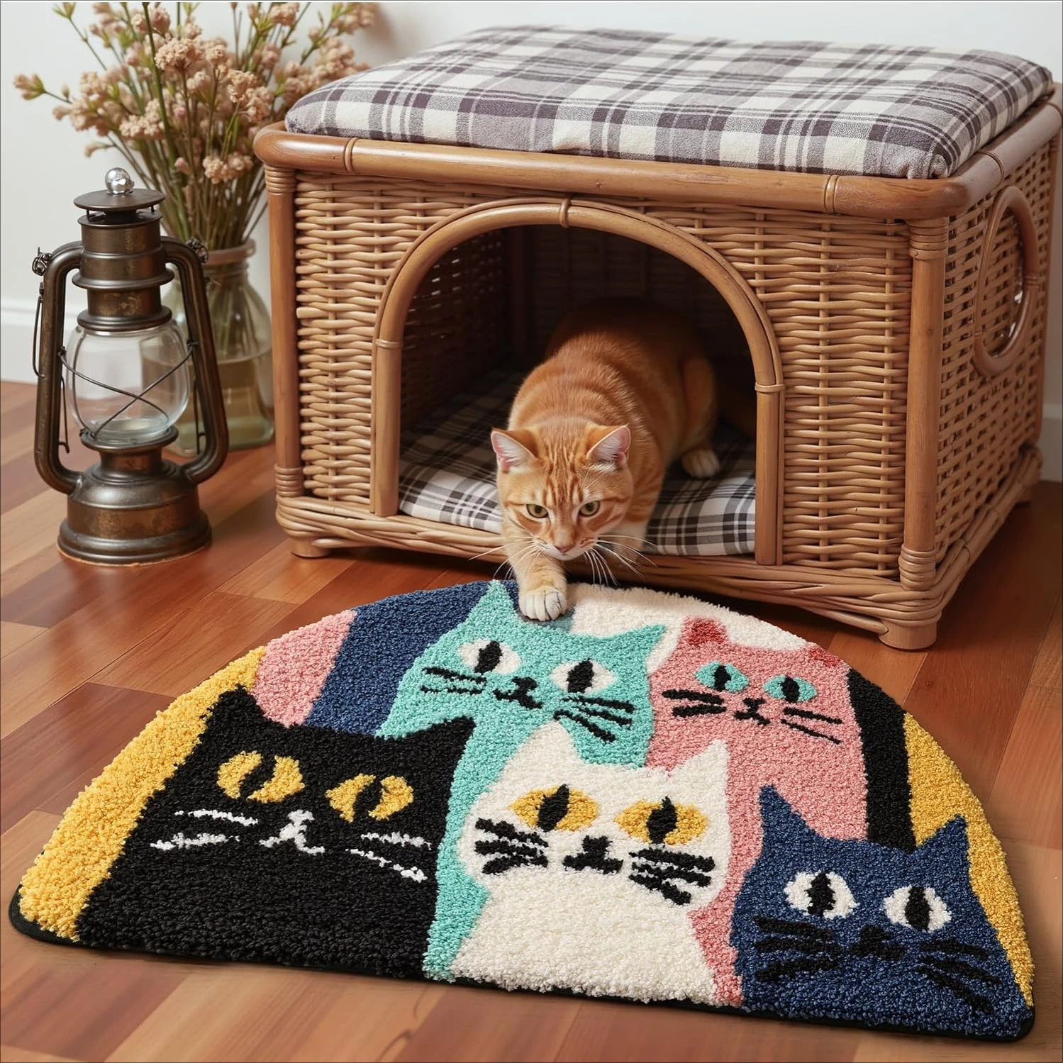 VIKAMA Colorful Cat Semicircle Doormat Non-Slip Absorbent Bathroom Entryway Rug Home Decor