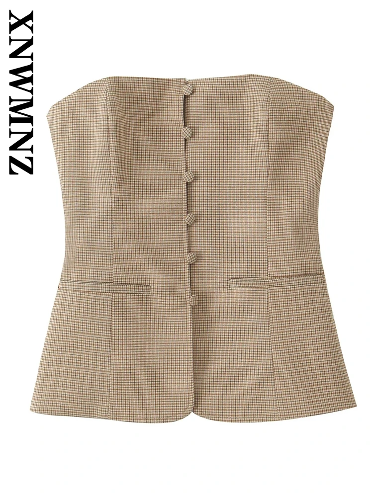 

XNWMNZ 2025 Spring New Woman's Trendy Vest Gilet Commuting Autumn Wear Lady Sleeveless Waistcoat Print Short Top Ruffles Corset