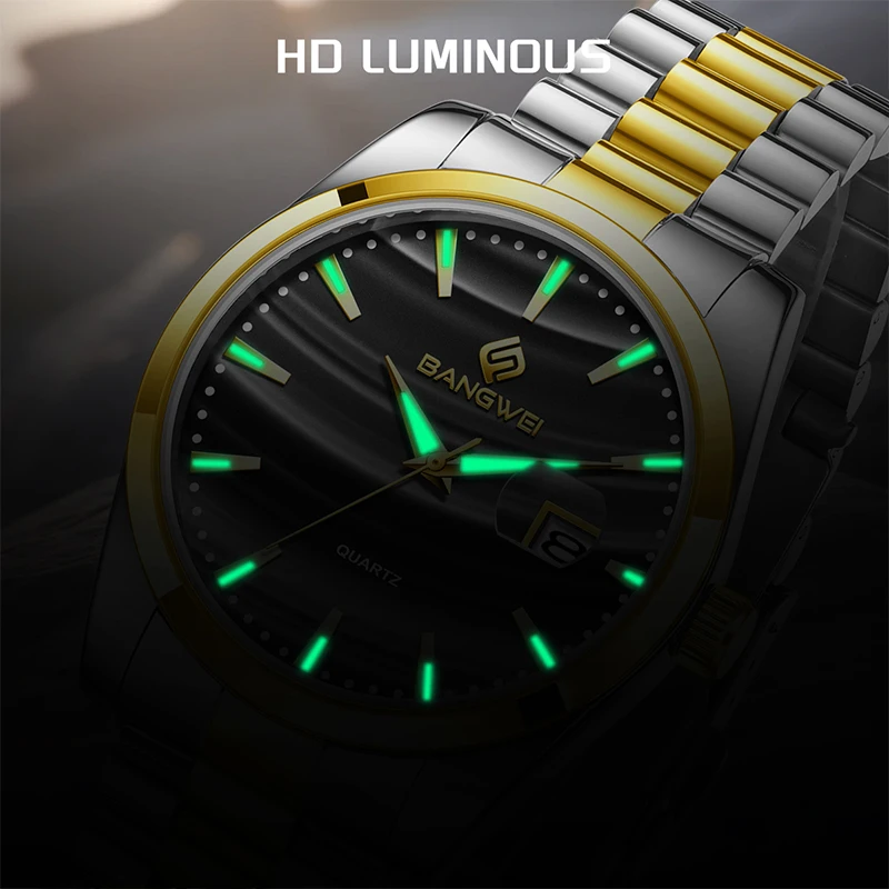 BANGWEI 2025 Gold Men Watch Stainless Steel Wrist Watch Calendar quartz wristwatch Luminous Watch for Men clock Montre Homme+BOX