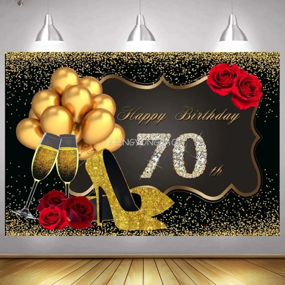 Golden Balloon Rose High Heels Theme Banner Background Cloth, Adult 70th Birthday Party Decoration Photography Studio Background