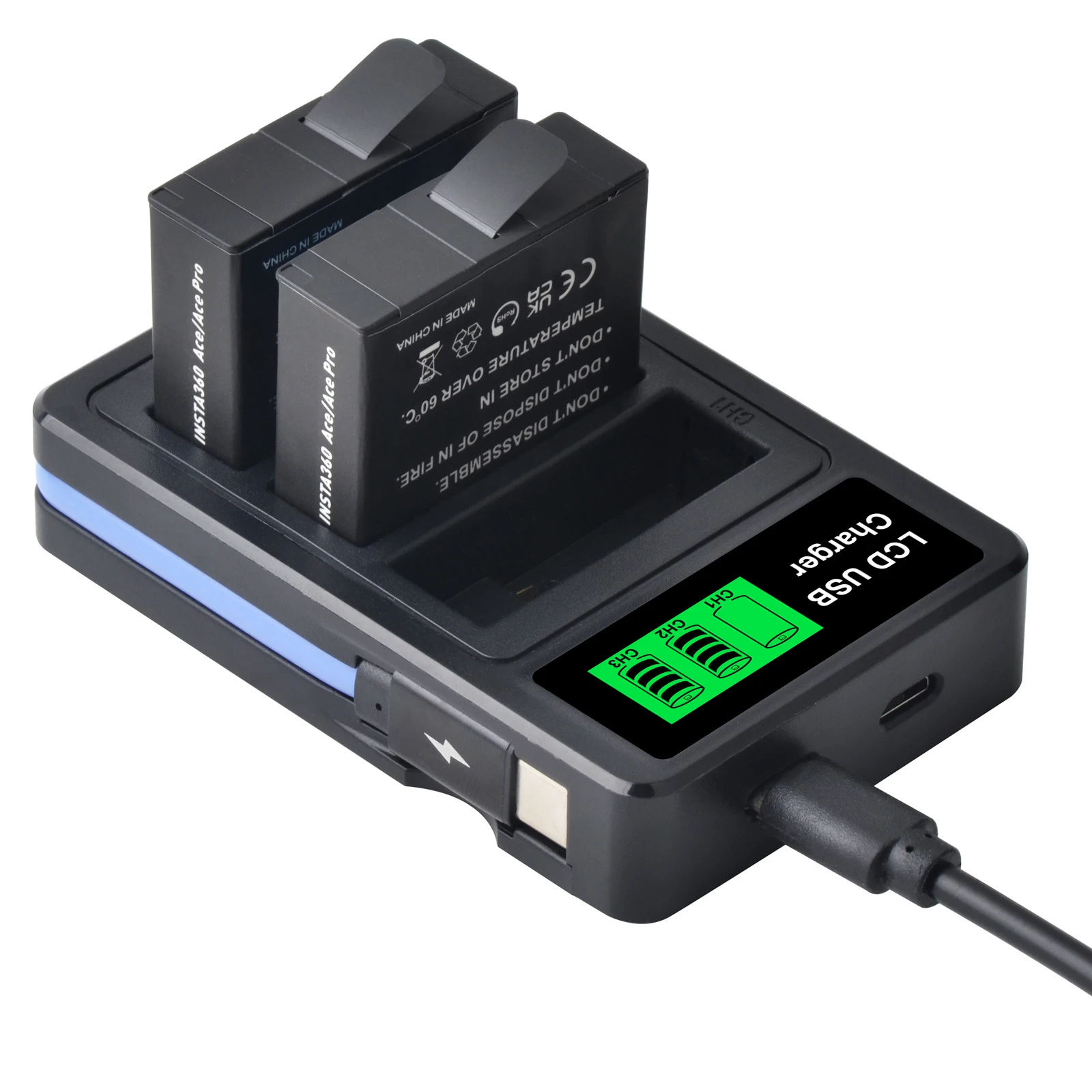 Massate LCD Intelligent Charger for Insta360 Ace Pro Action Camera Battery, Triple-Slot 5V/2A Fast Charging with LED Display