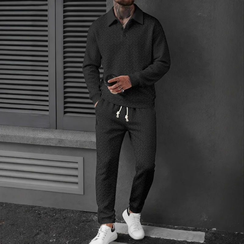 قميص بولو رياضي بأكمام طويلة للرجال من MenPOLOMEN مع نسيج أذن القمح وسروال طويل