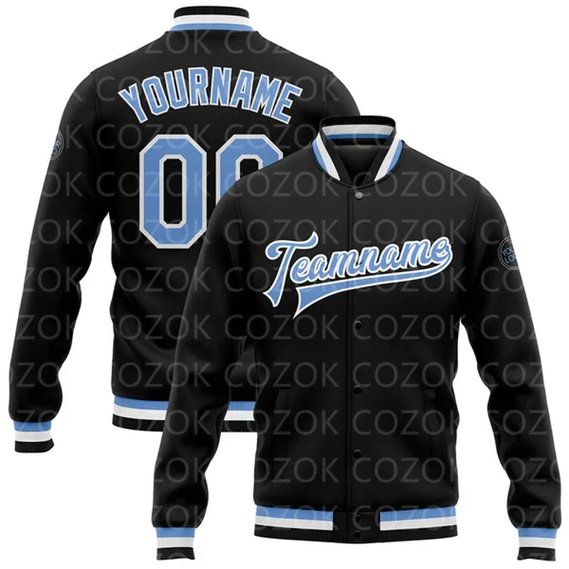 

Custom Black Blue 3D Printed Baseball Button Jacket Bomber Full-Snap Varsity Letterman Jacket