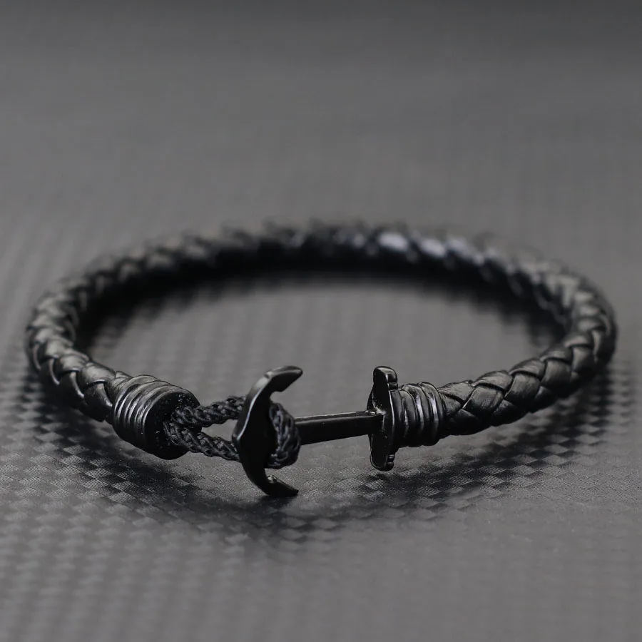 Neue Mode Männer Leder Armband Kreative Schwarz Anker Armband Nautischen Surfen Hand Zubehör In 3 Größen Punk Armreif Hombre – Detail 6